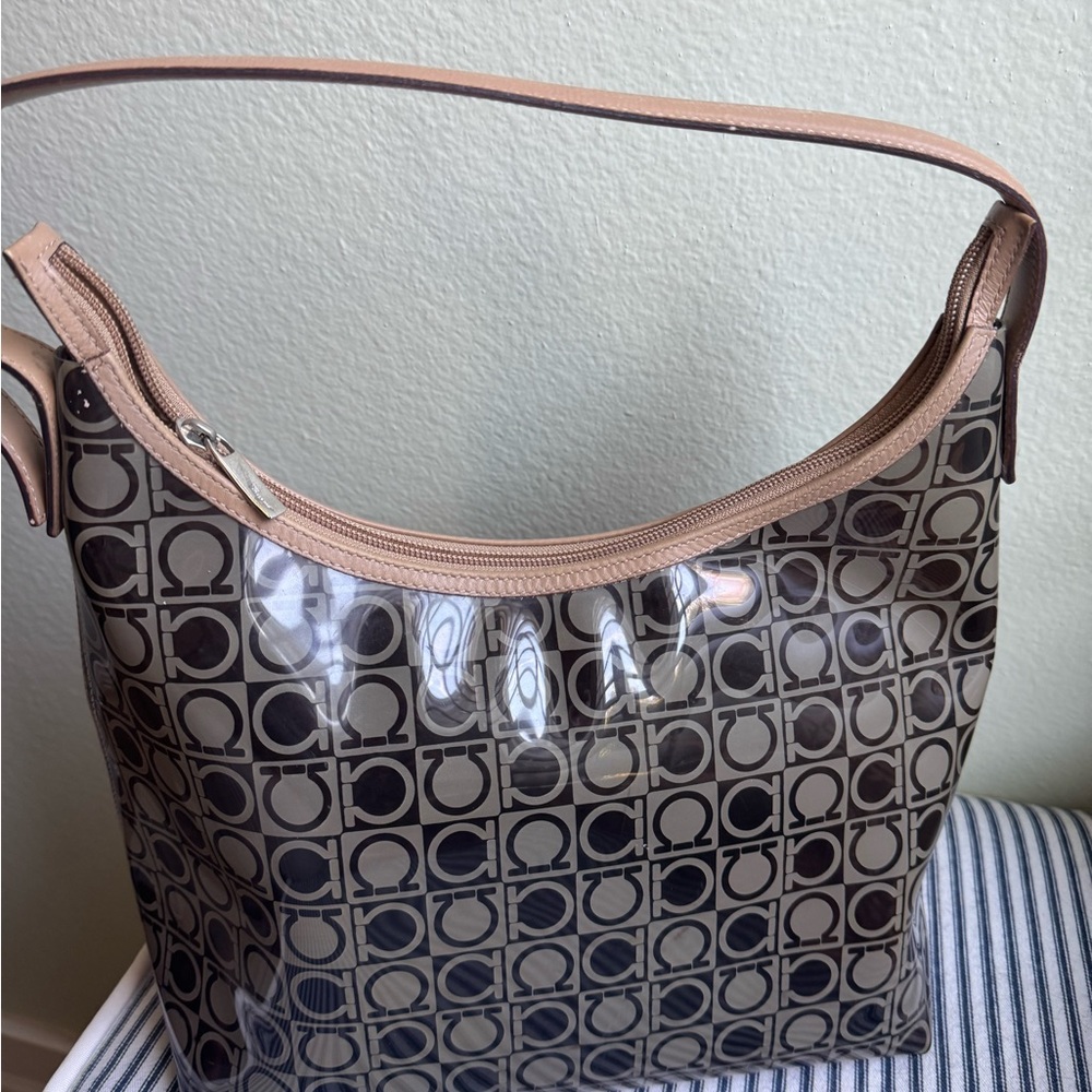 Salvatore Ferragamo clear shoulder bag.